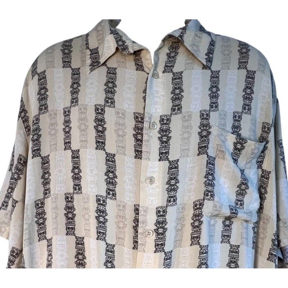 Vtg Hawaiian Button Up Shirt Tiki Totem All Over Print 2XL Short Sleeve Aloha 90